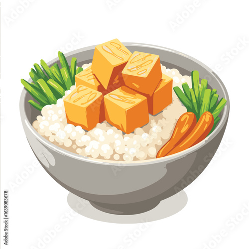 Delicious rice bowl with crispy tofu and fresh vegetables, healthy meal