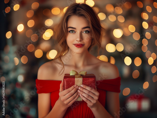 Portrait of beautiful woman in red dress holding wrapped present, soft focus lights in background