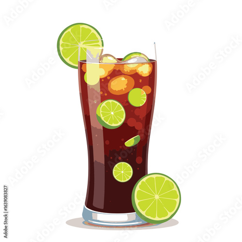 Refreshing glass of cola with lime slices, invigorating summer drink
