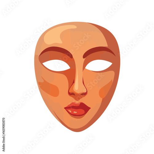 Serene clay mask display against minimal white background, artistic simplicity