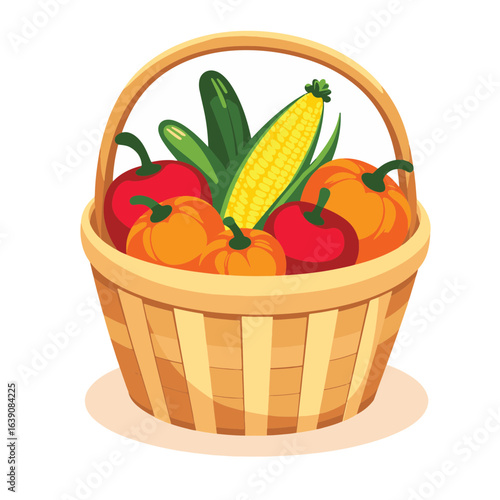 Harvest basket filled with colorful fruits and vegetables, autumn abundance