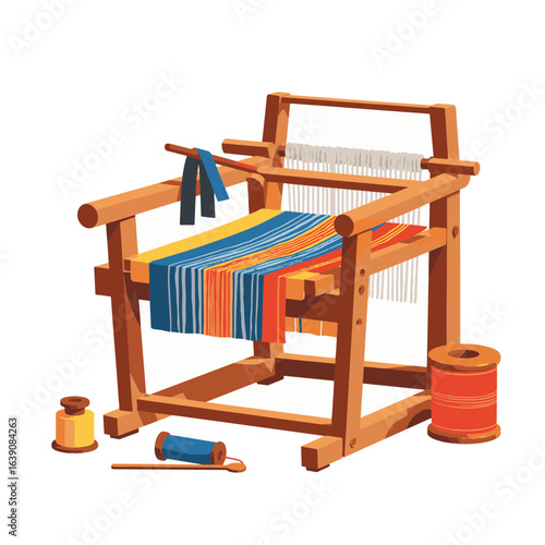 Traditional wooden loom weaving vibrant fabric, craftsmanship symbol