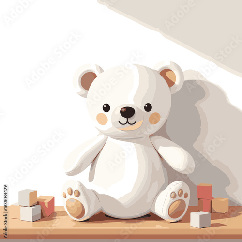 Cute polar bear plush toy on wooden shelf, playful innocence