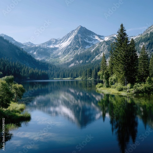 Crystal Clear Mountain Lake Reflecting Snow Capped Peaks