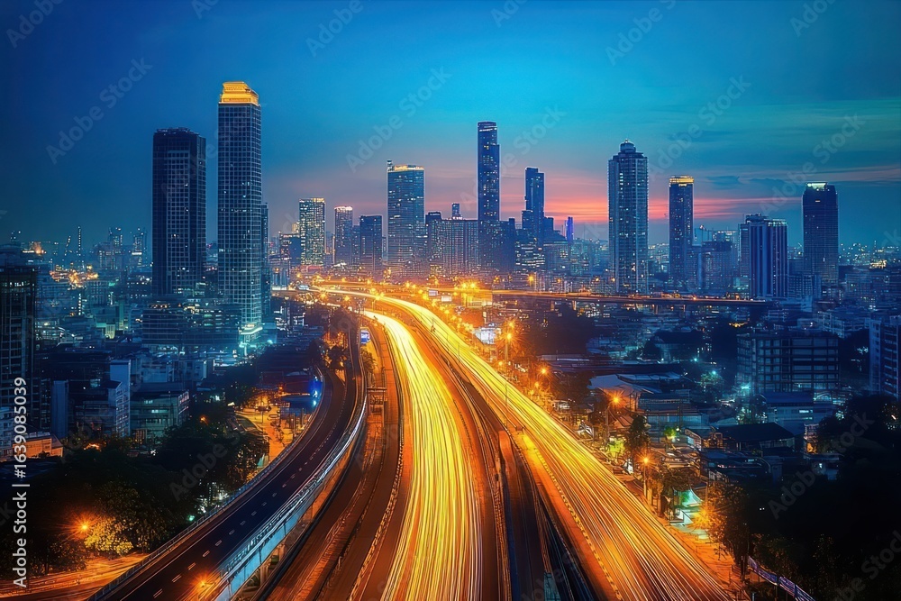 Fototapeta premium City skyline at dusk with glowing skyscrapers and long exposure light trails of vehicles on a busy highway creating a dynamic and vibrant urban scene