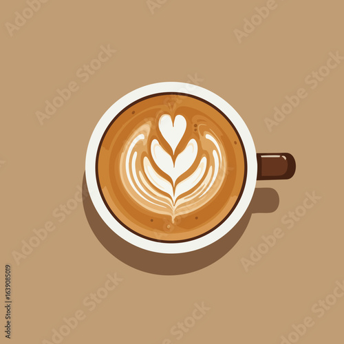 Modern coffee latte vector art with romantic heart foam pattern, ideal for barista-themed illustrations, posters, and social media promotions.