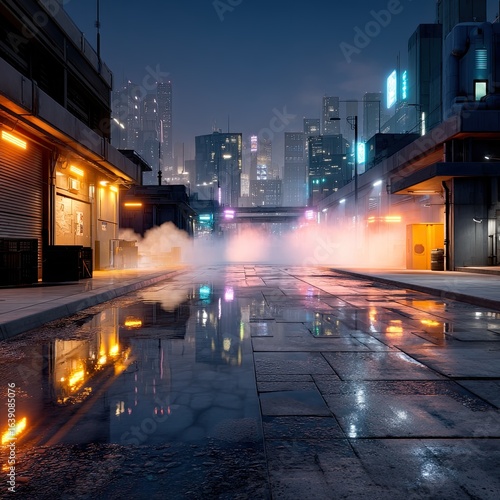 Cyberpunk City Back Alley at Night with Neon Lights and Rain