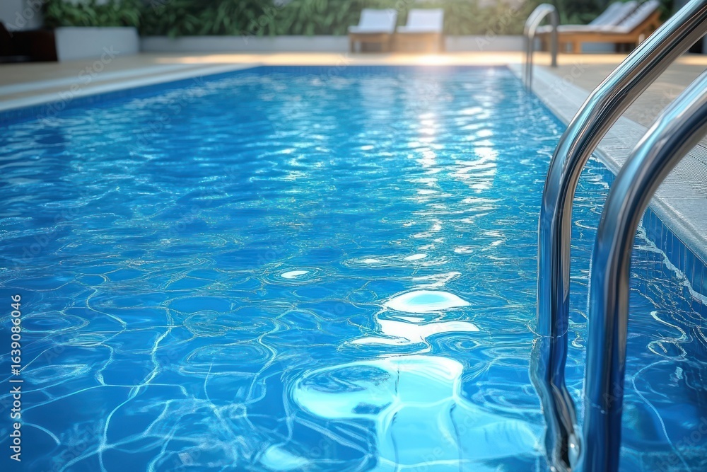Obraz premium Clear blue swimming pool with metal ladder and sunlit rippling water near poolside lounge chairs and plants