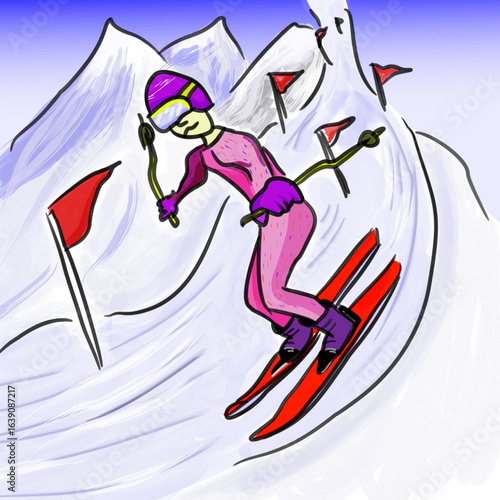 Vector hand drawn illustration of a skier. Alpine skiing. Traditional winter sport. Downhill skiing race. Skier competing in slalom. Slalom skiing.