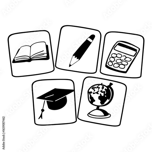 Illustration of education icons including book, graduation cap, pencil, calculator, globe isolated on white background