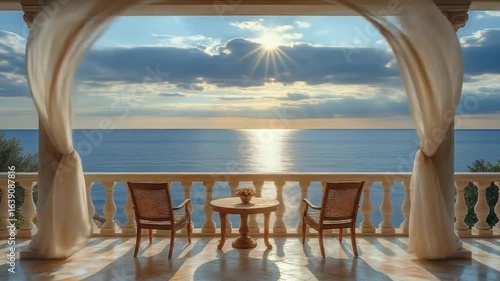 Peaceful terrace with sea view and two chairs under sunlight  