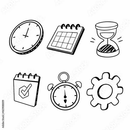 Hand drawn time management icons including calendar, clock, hourglass isolated on white background