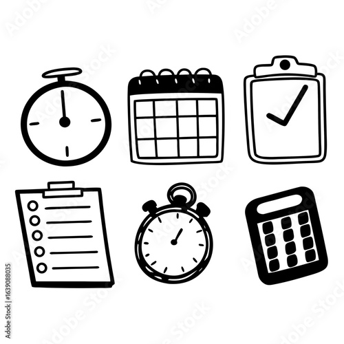 Hand drawn time management icons including calendar, clock, calculator isolated on white background