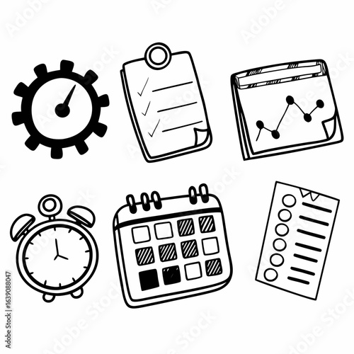 Hand drawn time management icons including calendar, clock, clipboard isolated on white background