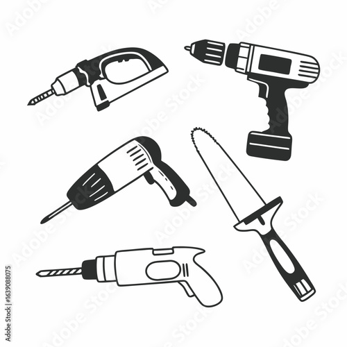 Illustration of various power drills and saws, used for construction and repair, isolated on white background