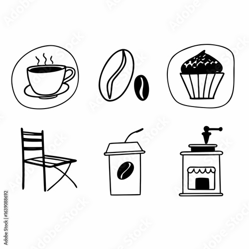 Hand drawn coffee shop elements isolated on white background, including cup, bean, muffin and chair