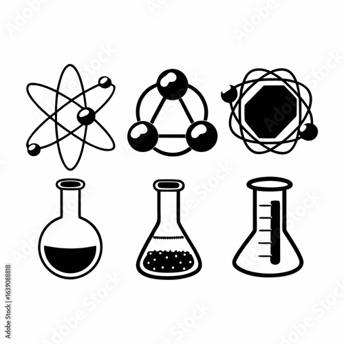 Illustration of atoms, molecules and laboratory flasks isolated on white background