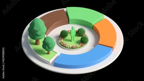 3D circular zone model with greenery, showcasing ecological planning scene.