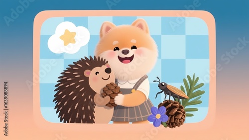 Cute cartoon illustration of dog, hedgehog and insect, showcasing animal friendship scene.