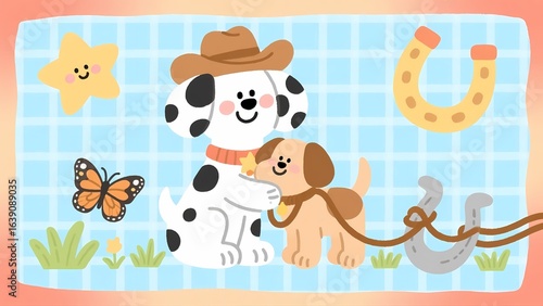 Cute cartoon illustration of two dogs with western elements, showcasing animal friendship scene.