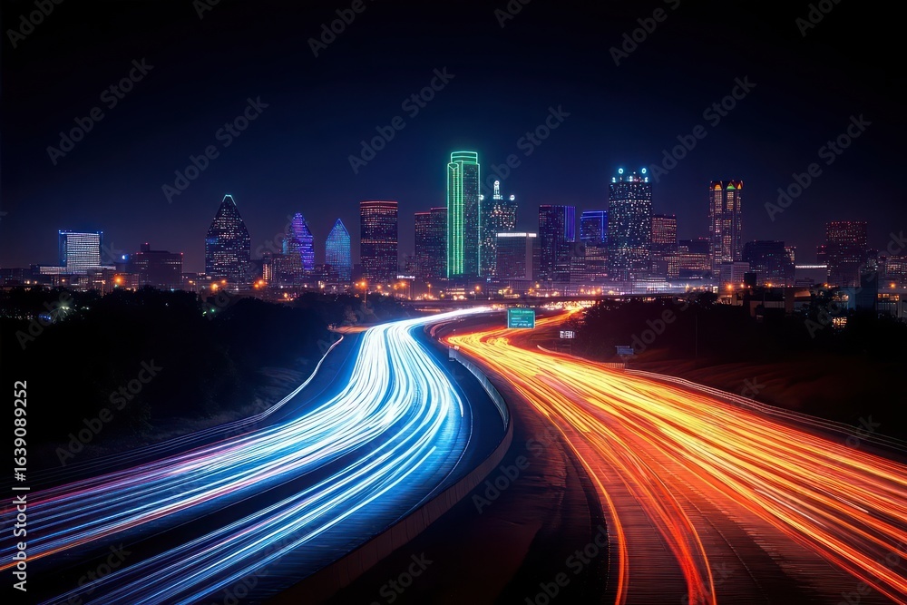 Fototapeta premium Long exposure nighttime view of a city skyline with illuminated skyscrapers and vibrant light trails of red and white vehicles on a highway curving towards the city