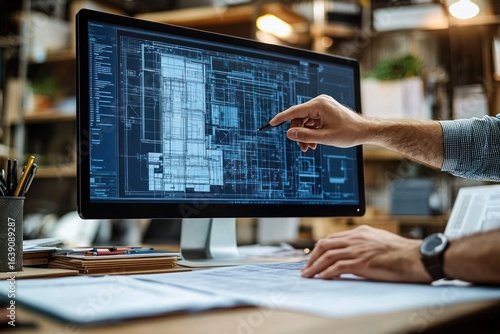 person analyzing architectural blueprints on computer screen in a professional office setting with technical drawings on desk