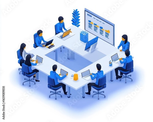 Isometric illustration of a team of eight office workers sitting around a square table using laptops and computers in a meeting room with a presentation screen showing charts