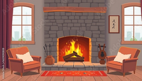 Flat vector art of a cozy fireplace