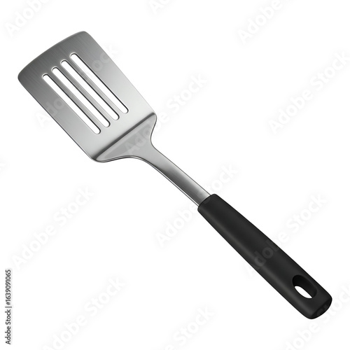Stainless spatula with black handle and flat slotted head for turning grilling and frying in kitchen use