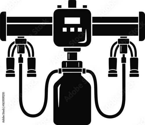 Silhouette of milking machine, a modern technology for dairy farming, featuring automatic system, vacuum pump and electronic meter for efficient milk production process