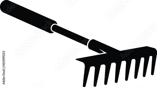 Silhouette of garden rake, a versatile tool for lawn and yard maintenance, ideal for collecting leaves, grass, and debris during autumn season, with a sturdy metal handle