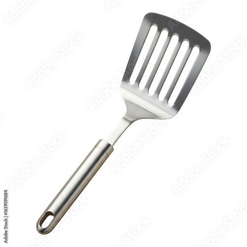 Stainless steel spatula with gold accent handle and slotted head for cooking and serving hot meals