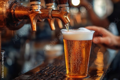 Cold beer being poured from brass taps into a clear plastic cup at a bar with warm ambient lighting