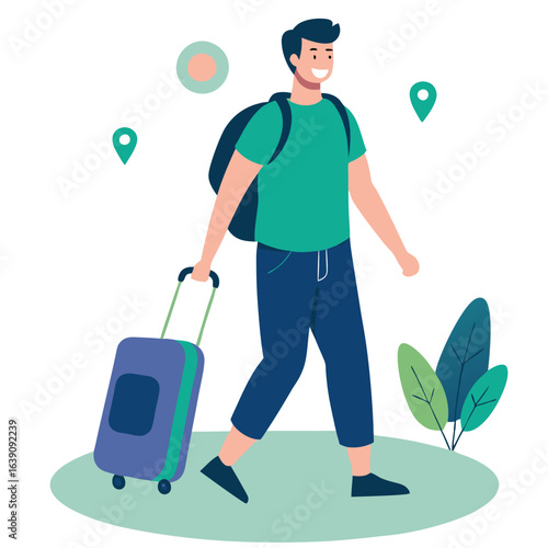 Smiling Traveler with Luggage:  Adventure Begins, Vacation Illustration