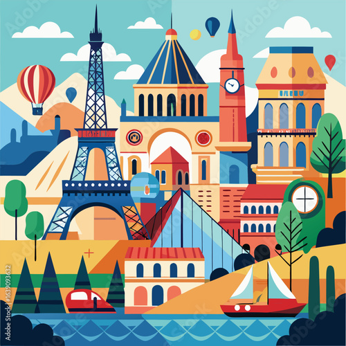 Iconic Landmarks: A Vibrant Cityscape Illustration