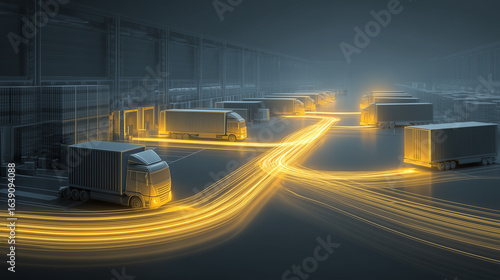 Futuristic autonomous trucks with glowing data trails in smart warehouse