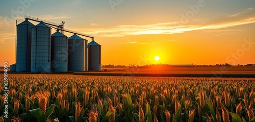 Golden sunset over vast corn and soybean farm, towering silos and grain elevators , storage, metal