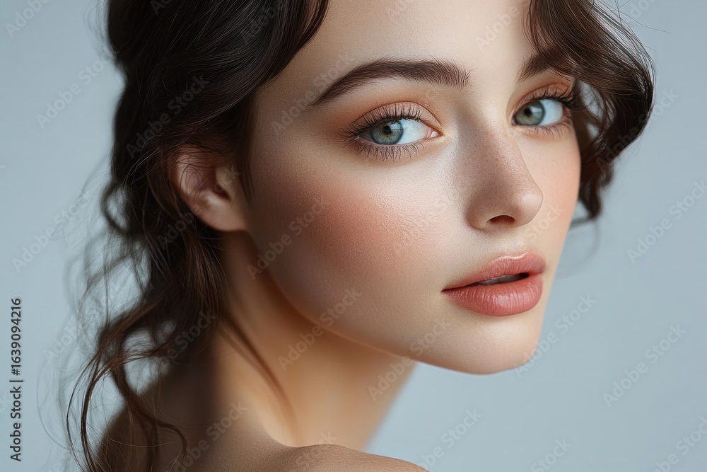 Close-up portrait of a young woman with smooth skin, blue eyes, soft makeup, and loose brown hair looking softly at the camera with a calm, serene expression Close-up portrait of a young woman with smooth skin, blue eyes, soft makeup, and loose brown hair looking softly at the camera with a calm, serene expression