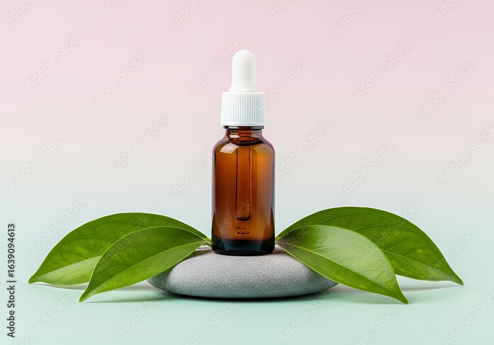 Natural Dropper Bottle with Green Leaves on Stones Against Soft Pastel Gradient Background Natural Dropper Bottle with Green Leaves on Stones Against Soft Pastel Gradient Background