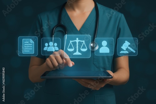 Medical professional interacting with digital legal icons on a tablet.