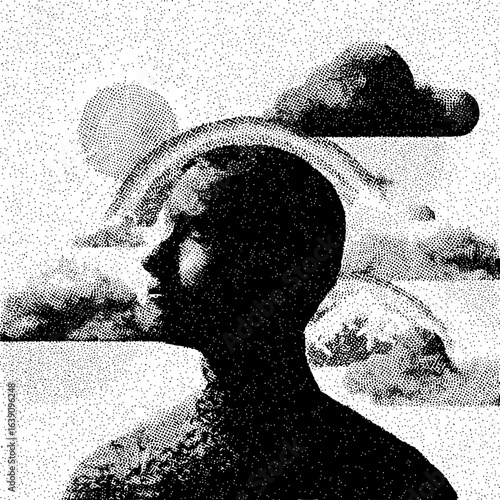Silhouette of a man with clouds and sun in the background rendered in a stippled black and white style