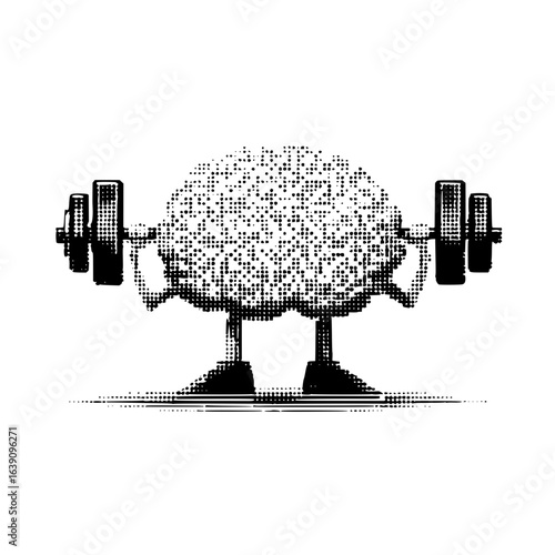 A stylized brain character lifting barbells with legs and feet in a halftone black and white illustration