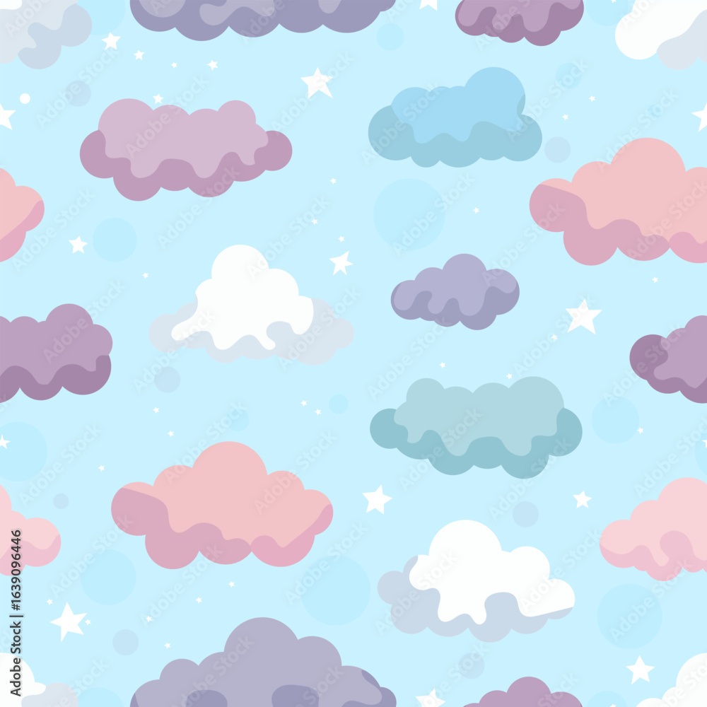 Seamless Pattern with Colorful Clouds, Stars, and Transparent Circles on Blue Sky Background Seamless Pattern with Colorful Clouds, Stars, and Transparent Circles on Blue Sky Background