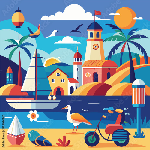 Vibrant Coastal Town: A Summer Paradise Illustration