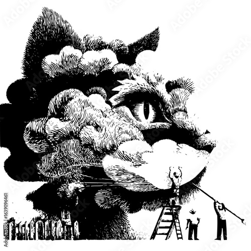 Illustration of a cat face made of clouds with tiny people and a fence in black and white style