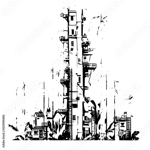 Illustration of a tall and narrow building with many balconies and windows in black and white style art