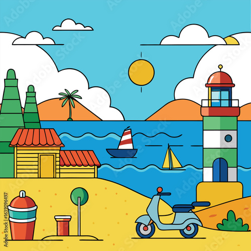 Vibrant Pixel Art Coastal Scene: Beach, Lighthouse, and Seaside Village Illustration