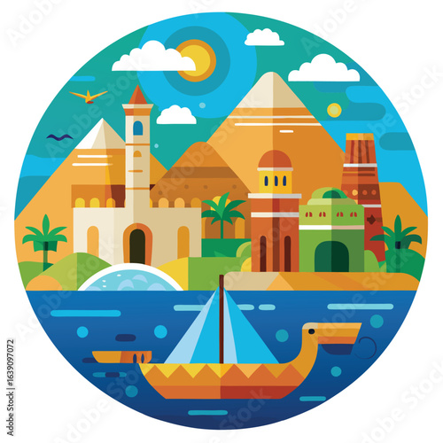 Egypt: Pyramids, Desert, Nile River - Vibrant Travel Illustration