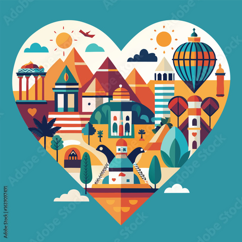 Travel the World: Iconic Landmarks in a Heart-Shaped Illustration