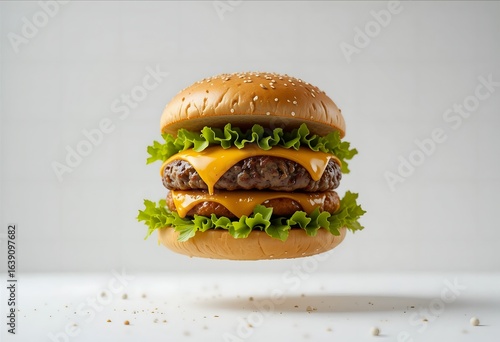 hamburger on white background.  Flying  cheese burger. Yummy fast food concept. Fresh homemade grilled burger with meat patty. Juicy burger. Making a Hamburger beef patty, cheese, veggie and bun